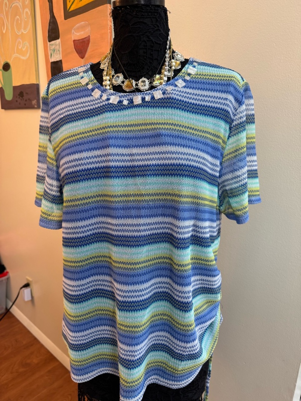 Alfred Dunner Women’s Blue Multi-Striped Knit Short Sleeve Top